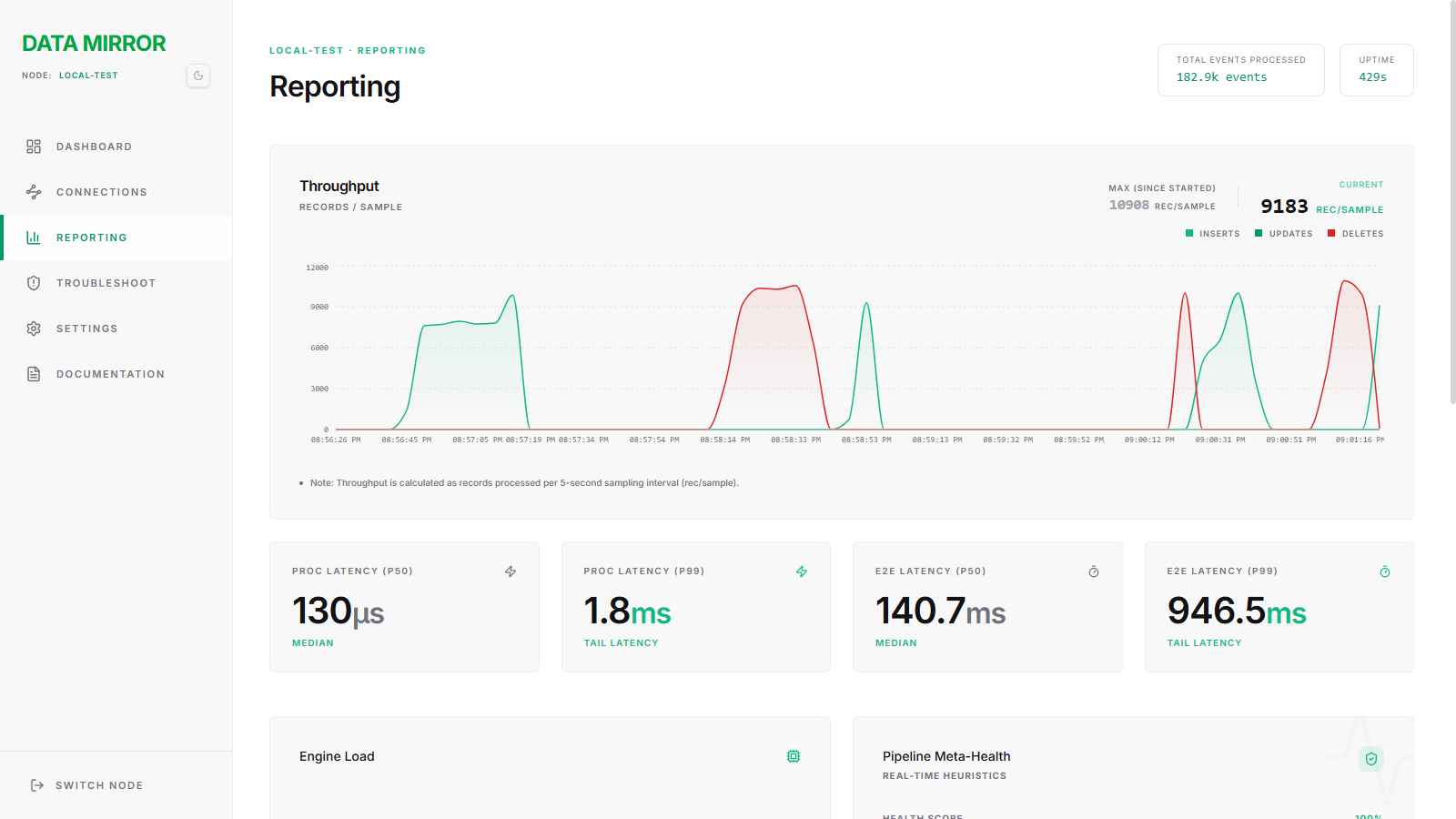 Data Mirror Reporting screen