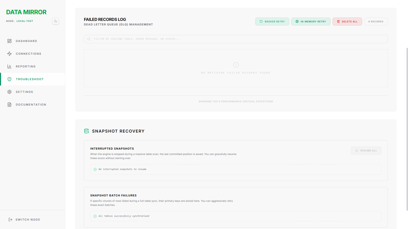 Data Mirror Troubleshoot screen